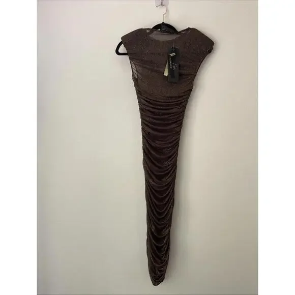Bronx & Banco Maya Ruched Bateau Neckline Long Dress XS Brown Glitter Sheer NWT - Picture 8 of 8